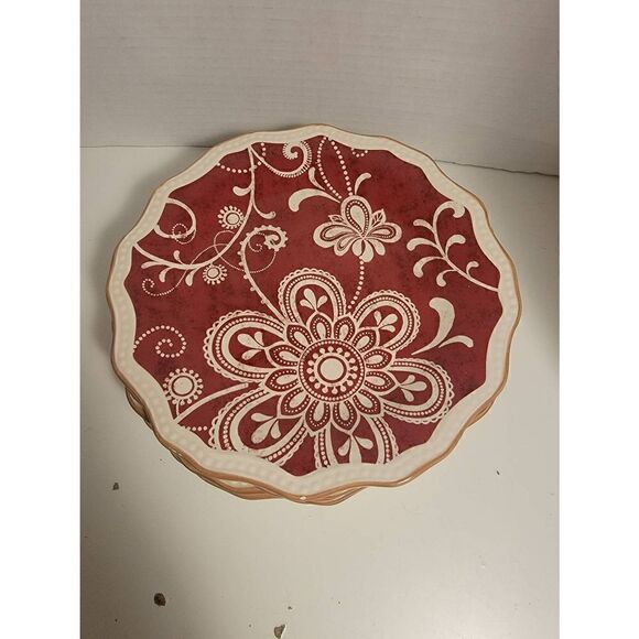 Pier 1 Imports Red White Maribeth Scalloped Ironstone Salad Plates Set Of 5 - Picture 2 of 4